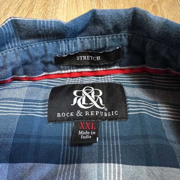 ROCK & REPUBLIC Stretch Teal Gray Plaid Button Down Shirt Roll Tab Sleeve - Picture 3 of 8